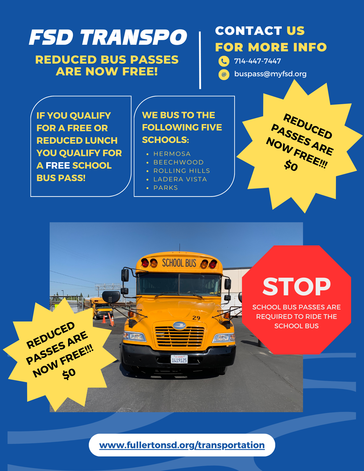 If you qualified for a reduced lunch you now are qualified for a free bus pass. Please contact 714.447.7447 If you qualified for a reduced lunch you now are qualified for a free bus pass. Please contact 714.447.7447